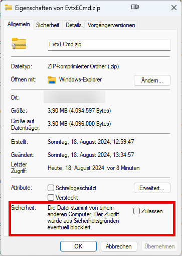 Unter Sicherheit in den Eigenschaften der Datei findet man einen Hinweis, dass die Datei aus dem Internet stammt und potentiell gefährlich ist.