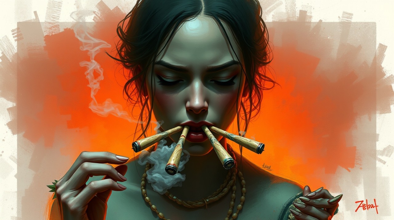 A painted picture of a woman smoking 4 joints a the same time